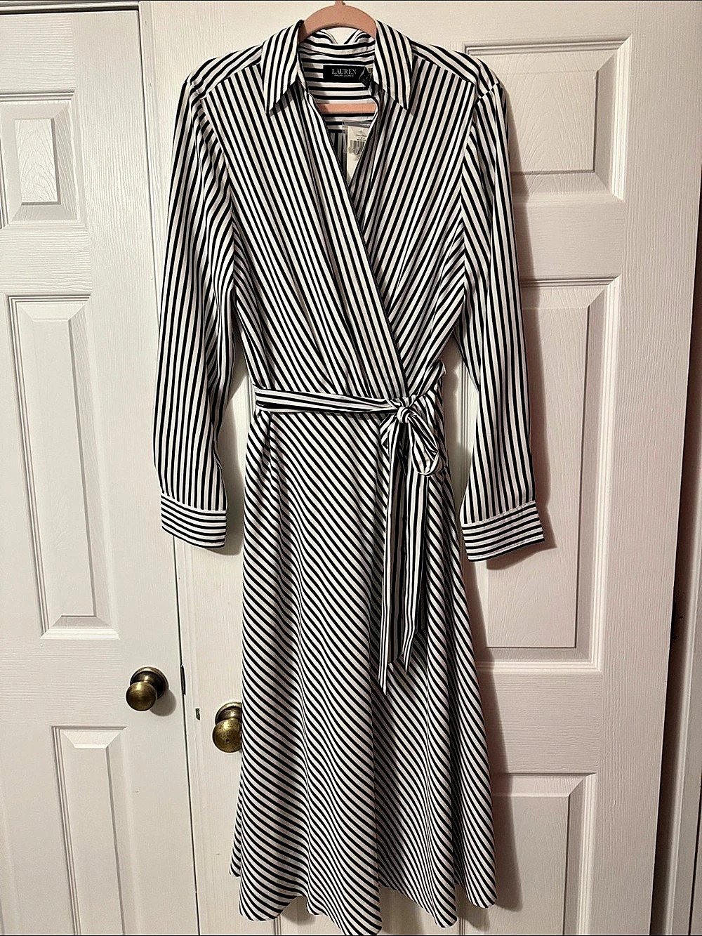 Lauren Ralph Lauren Belted Wide-Stripe Shirtdress Maxi Dress Black & White Size